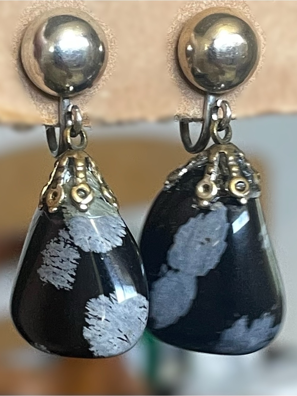 Dark Stone Drop Earrings Screw Back